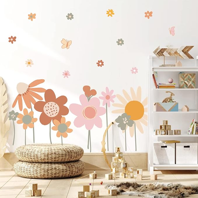 Supzone Colorful Flower Wall Stickers - Boho Retro Vintage Floral Art Decals for Bedroom, Living Room, TV, Office - Large Home Decoration