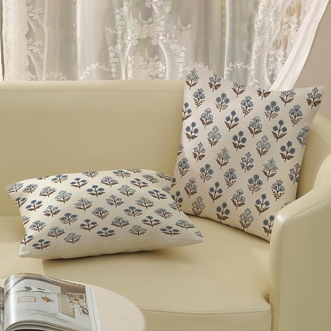 Brown Blue Pillow Covers 20x20 Inch Set of 2 Boho Block Print Floral Throw Pillows Vintage Flower Decorative Pillow Cases Outdoor Linen Farmhouse Cushion Cover for Couch Sofa Bed Decor