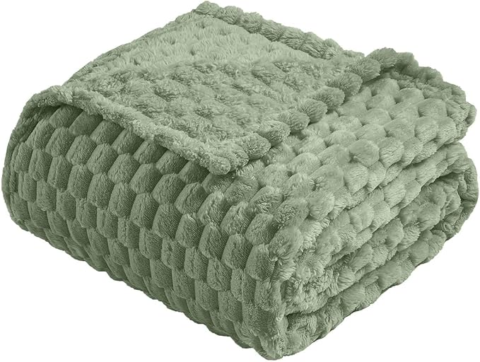 Vessia Flannel Fleece Queen Size Bed Blanket(90x90 inch), 3D Jacquard Sage Green Fuzzy and Warm Blanket for Adults, 300GSM Super Soft Touch Cozy Lightweight Home Decor for All-Season