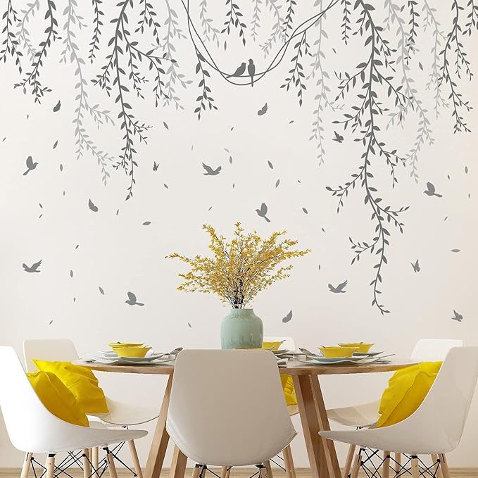 Hanging Willow Branch Wall Stickers DIY Grey Vine Leaf Plant Wall Decals Peel and Stick Grass Birds Butterfly Art Mural Decortions for Kids Baby Girls Nursery Bedroom Living Room Offices Classroom
