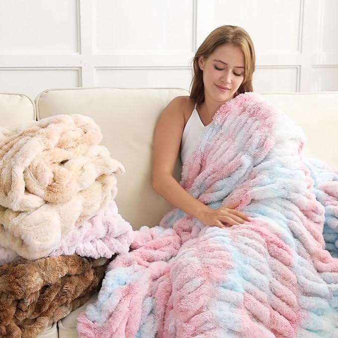 Softan Extra Soft Faux Fur Blanket, Warm Striped Faux Fur Throw Blanket with Flannel Fleece Reverse for Couch Sofa Bed Living Room, Pink Blue- 60"x 80"
