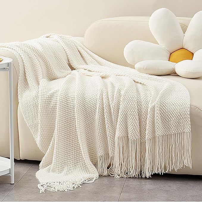 LOMAO Knitted Throw Blanket with Tassels Bubble Textured Lightweight Throws for Couch Cover Home Decor (Cream, 60x80)