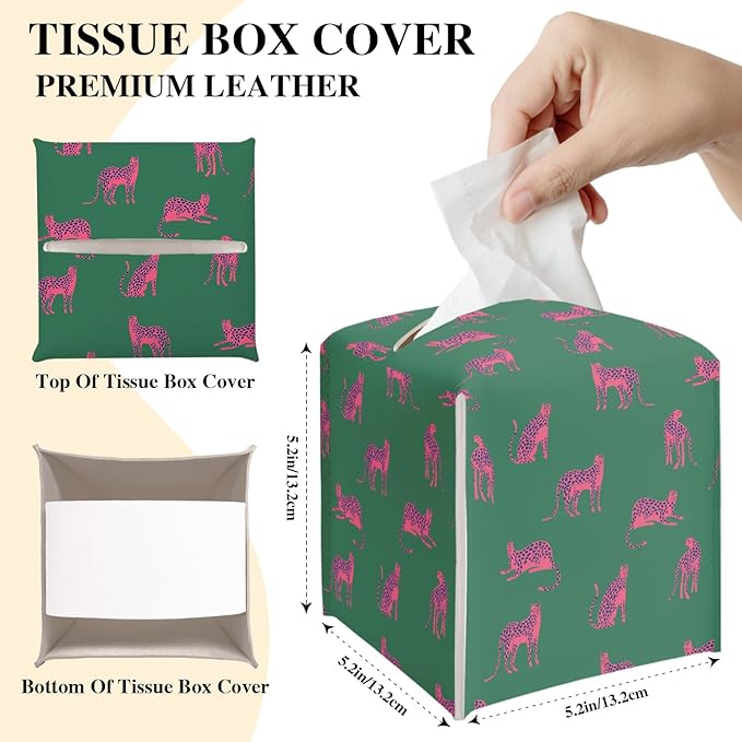 Pink Green Cheetah Tissue Box Cover, Modern Tissue Holder Square with Bottom Belt for Home Bathroom Office Car Nightstand Vanity Desk, Housewarming Gifts Ideas for Women Friends Mom -20