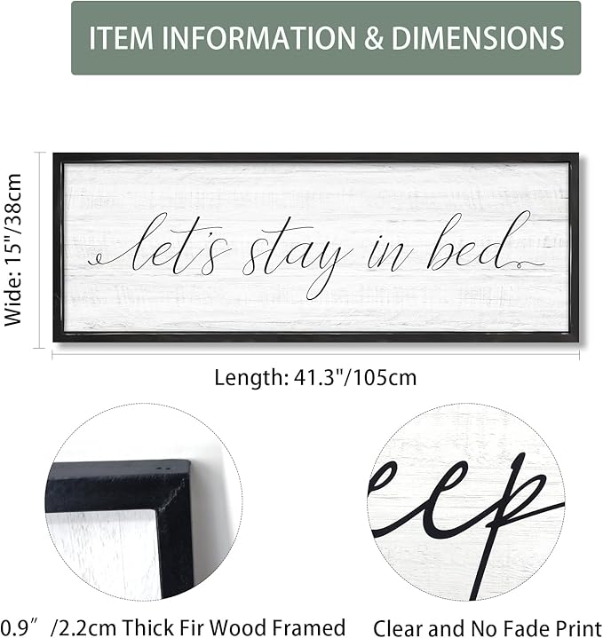 Lets Stay in Bed Wall Decor Above Bed 41.3''×15'' Large Farmhouse Wall Decor for Bedroom Guest Room Decor Framed Wood Wall Art Rustic Master Bedroom Wall Decoration (black frame)