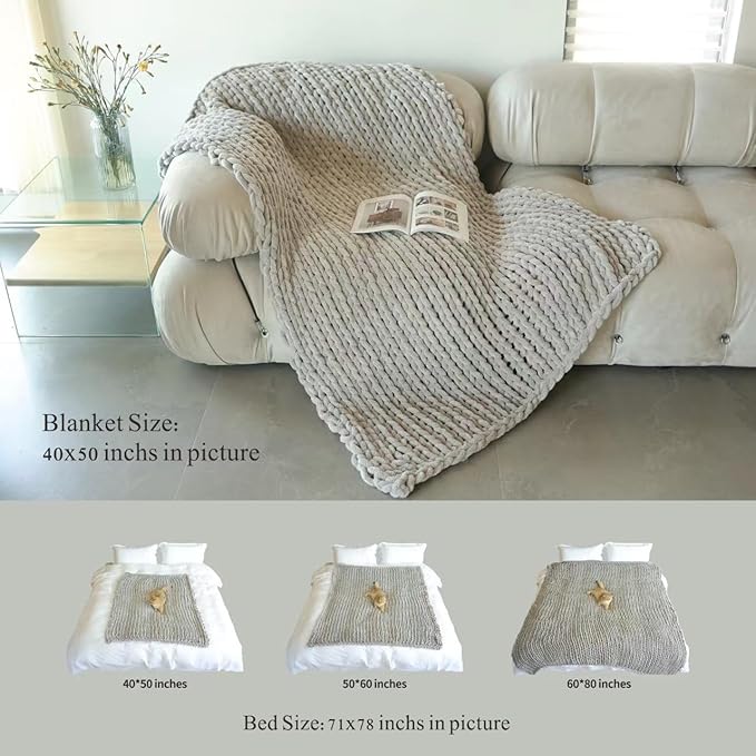Maetoow Tighter Version Chenille Chunky Knit Blanket Throw 40×50 Inch, Handmade Warm & Cozy Blanket Couch, Bed, Home Decor, Soft Fleece Banket, Boho Thick Blankets and Giant Yarn Throws，Olive Green