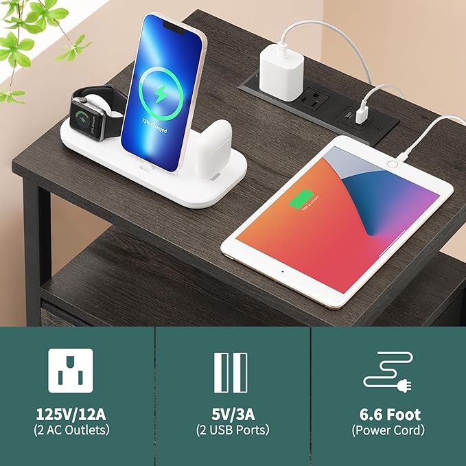 Yoobure Night Stand with Charging Station, 16 Colors LED Nightstand with USB Ports and Outlets, End Table with 3 Fabric Drawers and Storage Shelf, Bedside Tables Small Dresser for Small Space Gray