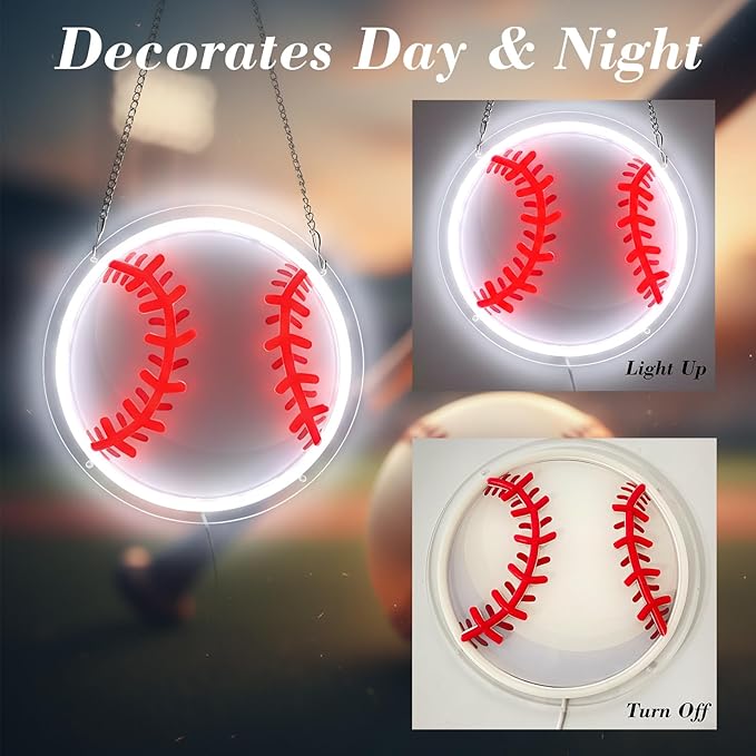 Baseball Neon Sign for Wall Decor, Dimmable LED Light with Printed Design for Bedroom Sports Room Decor, Baseball Gifts for Boys 8-12, 9 x 9 Inches