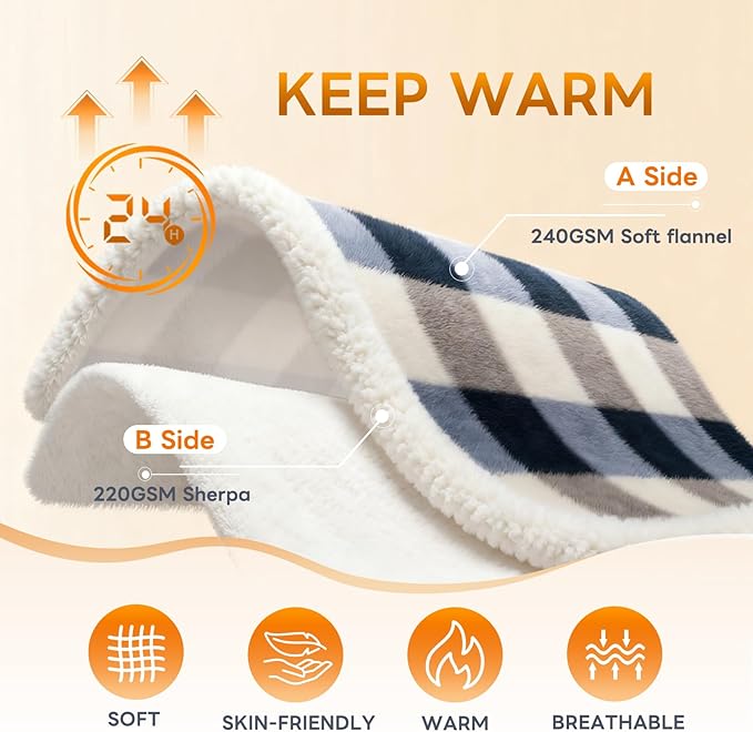 Sherpa Fleece Throw Blanket for Couch, Fluffy Plush Warm Fuzzy Blanket for Women and Men, Cozy Thick Soft Twin Blanket for Bed, Gray-Soft Blue, 80x90 Inches