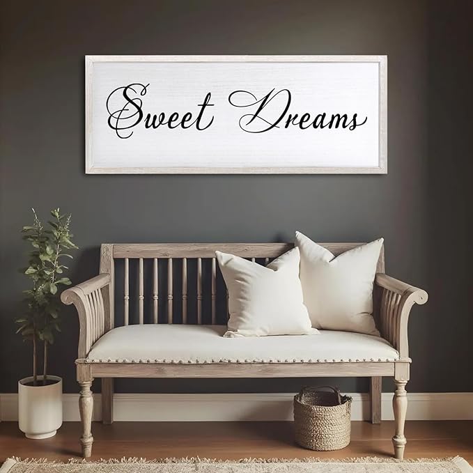 Sweet Dreams Wall Decor Above Bed 40x15 Inch Large Master Bedroom Hanging Wood Rustic Framed Farmhouse Sweet Dreams Sign Guest Room Aesthetic And Minimalist Over Bed Wall Art（White）