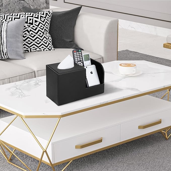 PU Leather Tissue Box Cover with Remote Control Holder, Square Tissue Box Holder for Living Room Bathroom Office (Black)
