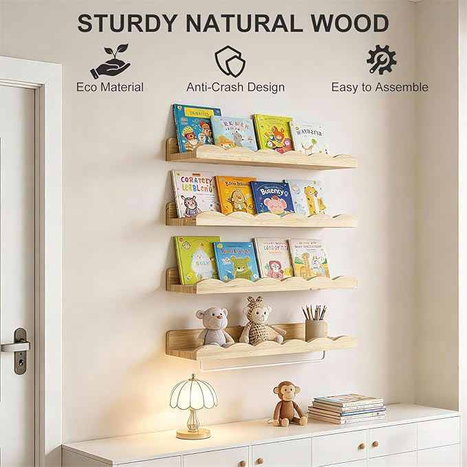 Fixwal Nursery Book Shelves, 16.5 Inch Floating Bookshelves for Wall Set of 4, Scalloped Wall Book Shelves with Towel Rack for Kids, Toddler Room, Baby Room, Nursery Decor and Storage(Natural Wood)
