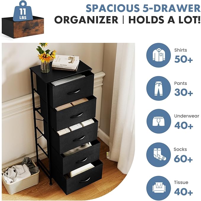 DUMOS Nightstand with 5 Drawers Bedside Table with Removable Fabric Bins Sturdy Steel Frame Wood Top Organizer Furniture for Bedroom Closet Living Room, Black