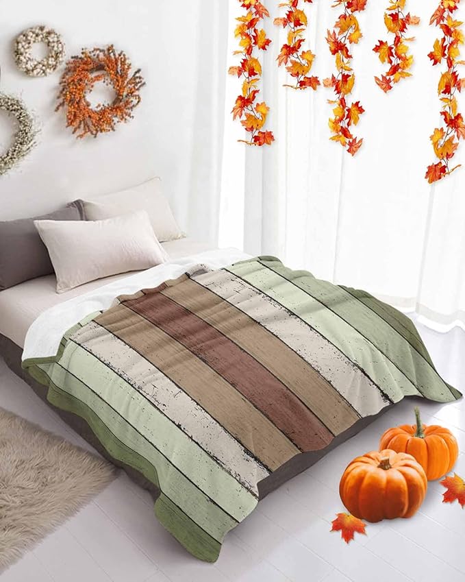 Farmhouse Sage Green Brown Throw Blanket, Soft Fluffy Fuzzy Blankets & Throws for Bed/Couch, Vintage Country Wooden Lightweight Warm Blankets for Women Christmas Decor 40"x50"
