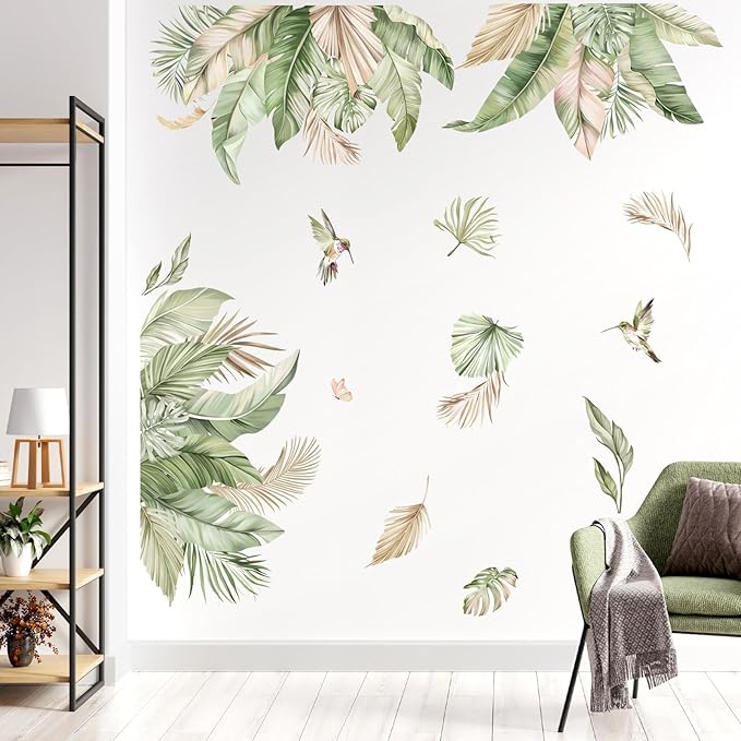 decalmile Boho Tropical Leaves Wall Decals Palm Leaf Hanging Vine Green Plants Wall Stickers Living Room Bedroom TV Background Wall Decor
