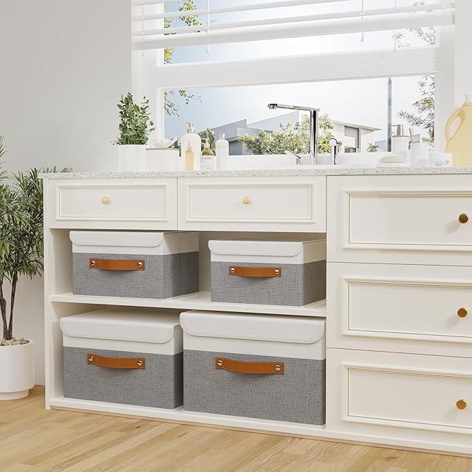 OUTBROS Storage Boxes, Collapsible Storage Bins with Lids, Cotton and linen cloth Storage Baskets with Handle, for Books, Closet, Bedroom, Home, 10.2x7.9x6.7 in, White/Grey