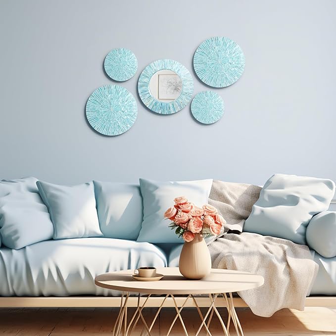 Wesiti 5 Pcs Gifts Natural Mother of Pearl Mirror Wall Decor Christmas Housewarming Gift Handmade Coastal Wall Plates Art Hanging Art for Bedroom Bathroom Decoration
