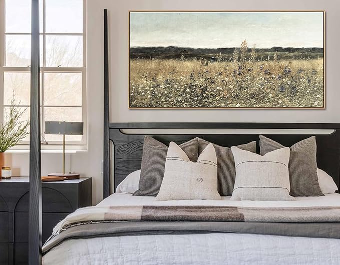 DJSYLIFE Extra Large Framed Canvas Wall Art Oversized Vintage Wildflower Field Landscape Painting Prints Classical Flowers Pictures for Farmhouse Living Room Bedroom Wall Decor 29.52 x 57.87 Inch