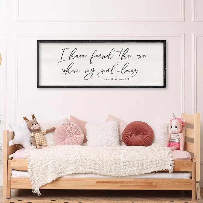 I Have Found The One Whom My Soul Loves Wall Art 40x15 Inch Large Song of Solomon 3:4 Sign Master Bedroom Above Bed Wood Frame Wall Hanging Decor (Black)