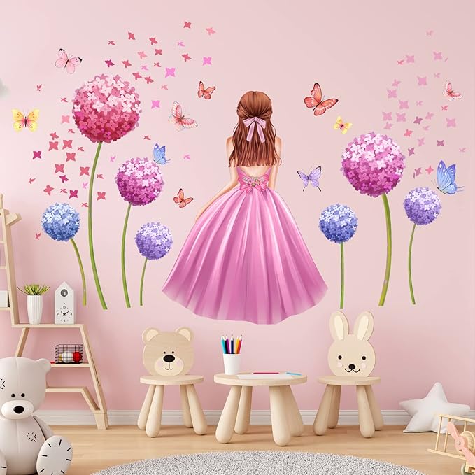 Pink Flower Wall Sticker Butterfly Fairy Girl Wall Decals DIY Purple Princess Removable Dandelion Floral Wall Decals Waterproof Decal Mural for Kids Nursery Bedroom