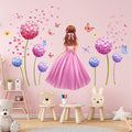 Pink Flower Wall Sticker Butterfly Fairy Girl Wall Decals DIY Purple Princess Removable Dandelion Floral Wall Decals Waterproof Decal Mural for Kids Nursery Bedroom