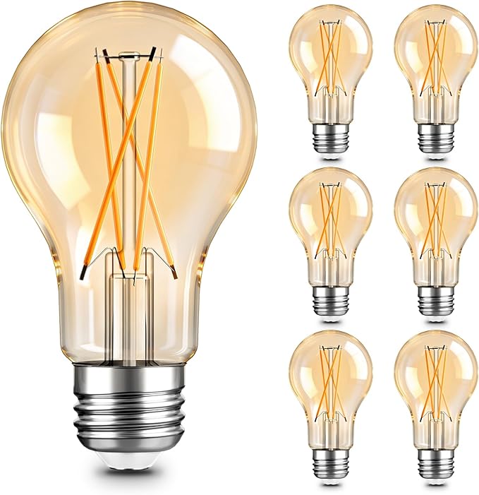 TJOY 6 Pack A19 Vintage LED Edison Bulbs, Dimmable, 60W Equivalent, High Brightness 2200K Amber White, 8W E26 Standard Base, 800 Lumens, CRI80+, Amber Glass Filament Bulb for Home, Farmhouse