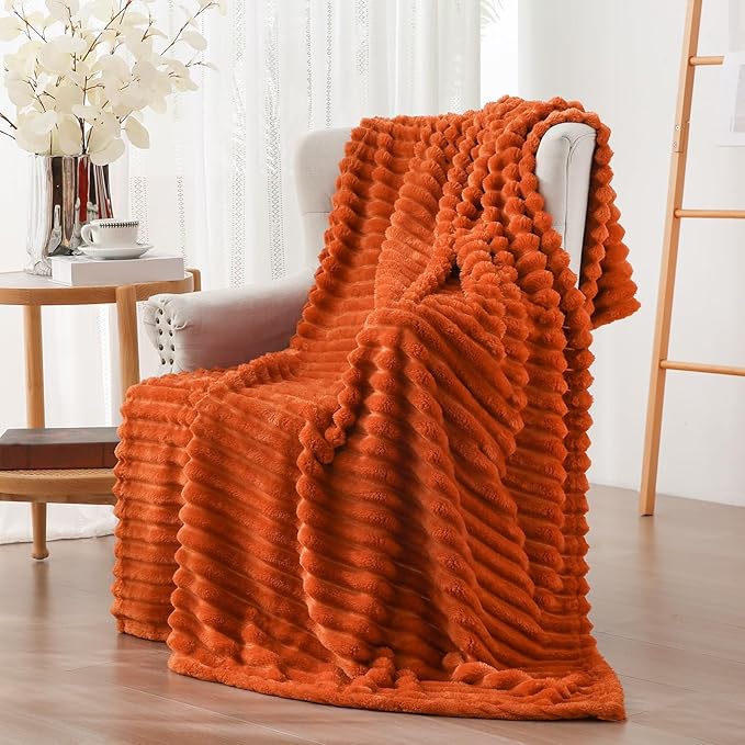 Vessia Flannel Fleece Orange Twin Blanket(60x80inch), 300GSM Striped Blanket for Adults and Kids, Super Soft Warm Cozy Lightweight Home Decor for All-Season