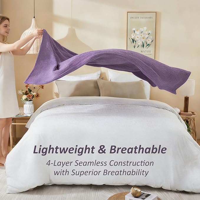 EMME Cotton Muslin King Blanket Bed Layering Bedspread Coverlet Breathable Gauze Soft Lightweight (Heather Purple, 108"x90")