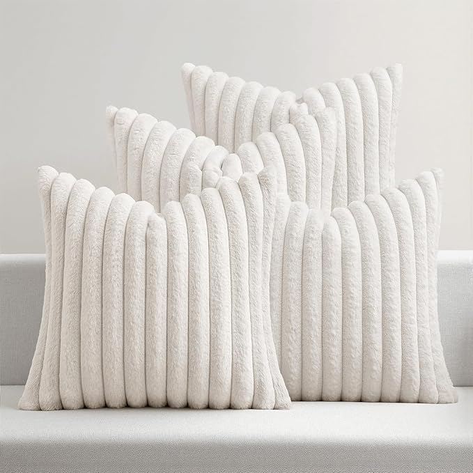 MIULEE Faux Fur Plush Decorative Throw Pillow Covers 18x18 Set of 4, Spring Modern Soft Fuzzy Striped Cushion Covers for Spring Sofa Couch Bed Living Room Cozy Home Decor,Pure White