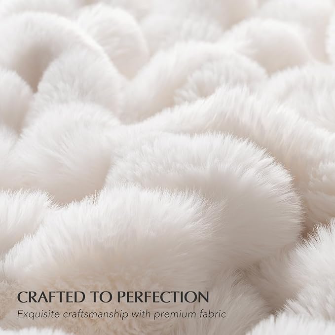 EverGrace Ultra Soft Luxury Fluffy Faux Rabbit Fur Throw Blanket, Thick Warm Bubble Throw for Bed, Cozy Plush Reversible Blankets for Couch, Chair, Sofa, Ivory White, 50x60 Inches