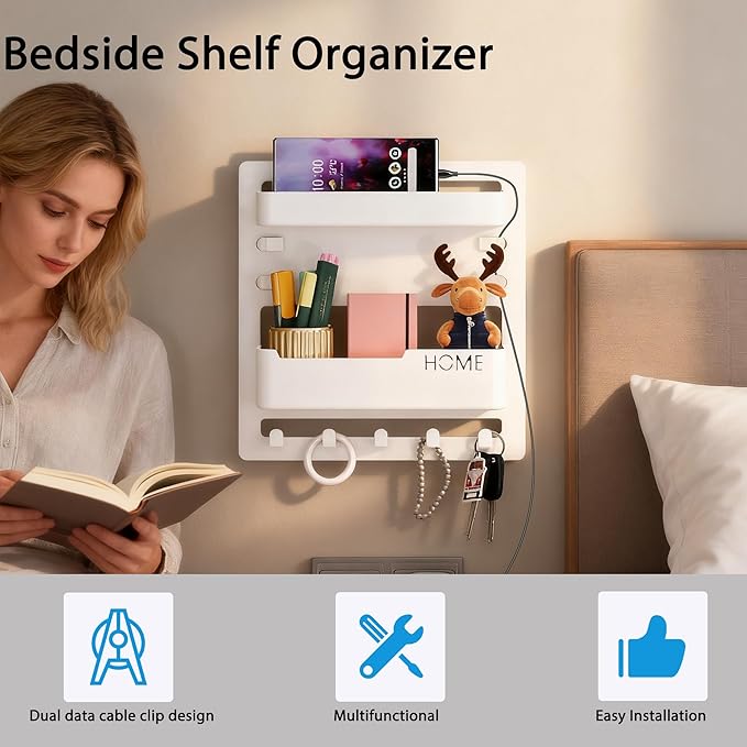 Bedside Wall Shelf Organizer, Floating Bedside Wall Mount with Adhesive for Phone, Remote & Keys, No Drill Small Shelf for Bedroom, Dorm & Small Spaces (White)