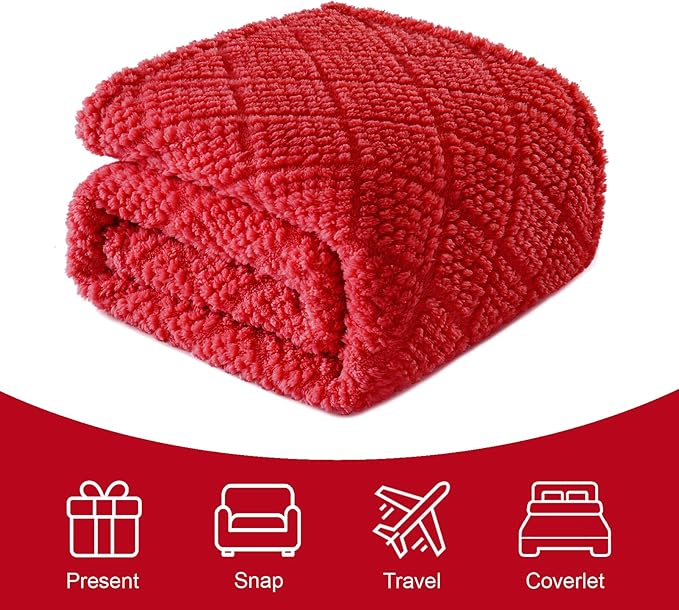 Whale Flotilla Fuzzy Fleece Twin Size Blanket for Bed, Soft Fluffy Jacquard Waffle Blankets for All Season, Lightweight and Warm, 60x80 Inch, Red
