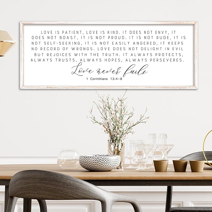Love is Patient Wall Art Decor 40"×15" Love is Kind Bible Verse Sign 1 Corinthians 13 4-8 Scripture Quote Master Bedroom Above Bed Christian Couple Large Wood Framed Hanging (White)