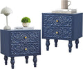 Nightstand, Farmhouse Bedside Table with 2 Drawers and Metal Handles, Wood Sofa Side Table End Table Accent Dresser for Bedroom, Living Room (Blue-2 Packs) (15.75 x 16.02 x 18.15 Inch)