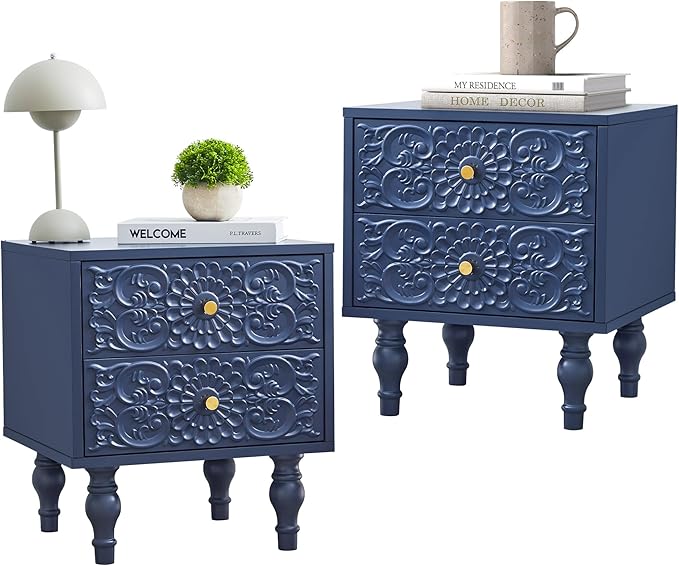 Nightstand, Farmhouse Bedside Table with 2 Drawers and Metal Handles, Wood Sofa Side Table End Table Accent Dresser for Bedroom, Living Room (Blue-2 Packs) (15.75 x 16.02 x 18.15 Inch)