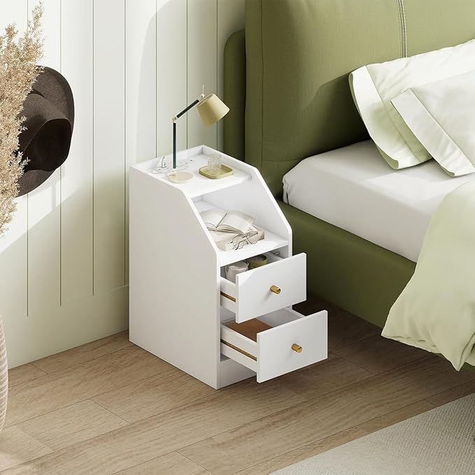 KOMFOTT Nightstand with Charging Station, End Table with 2 Storage Drawers, Sofa Beside Table with AC Outlets, USB and Type-C Ports, Modern Narrow Nightstand for Bedroom Small Space (White,1)