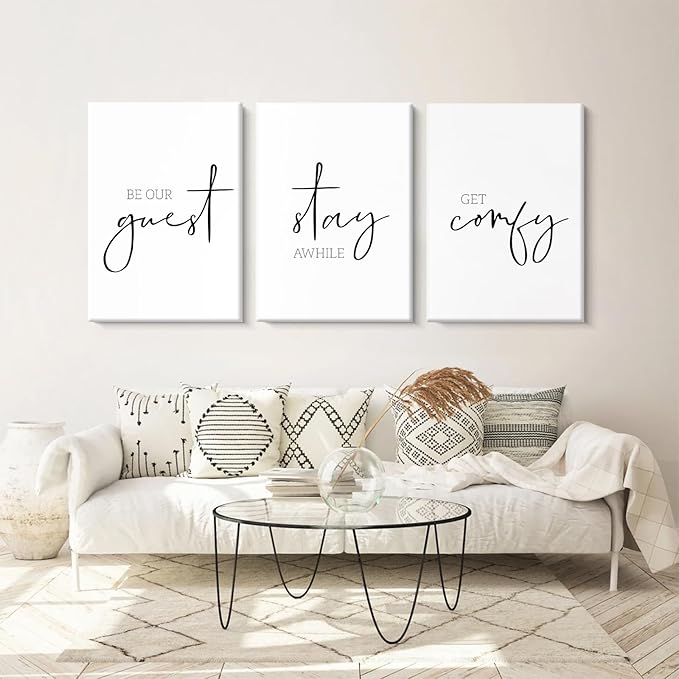 Be Our Guest Wall Decor Guest Room Wall Art Decor Stay Awhile Signs for Home Decor Minimalist Wall Art over the Bed Sign Guest Bedroom Wall Decor Canvas Painting 16x24 Inch (set of 3) Ready to Hang