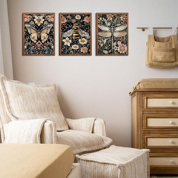 Retro Insect Wall Art Set of 3, Butterfly Bee Dragonfly Gothic Botanical Prints, Rustic Nature Animal Canvas Wall Decor for Living Room Bedroom Office Farmhouse Home Decor 12x16In Wood Framed