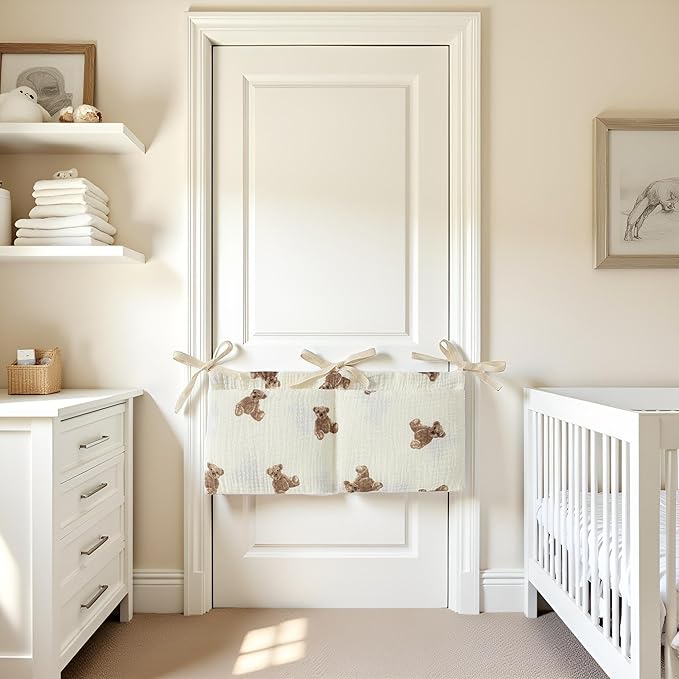 White Bedside Hanging Bags Milk Bottle Bib-Storage Crib Organizer Baby Nappy-Dormitory Bed-Bunk Organizing Bag Nappy- Organizer, Little Bear Nursery Hanging Organizers