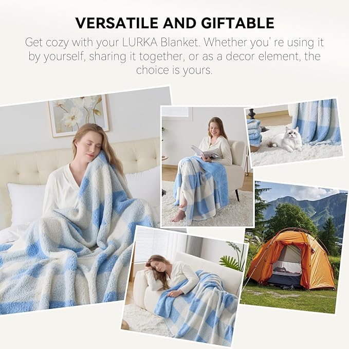 LURKA Checkered Sherpa Fleece Throw Blanket – Soft and Cozy, Medium Weight for All Season, Plush Throw for Couch, Bed & Pets, Glacier, 50x60 Inches