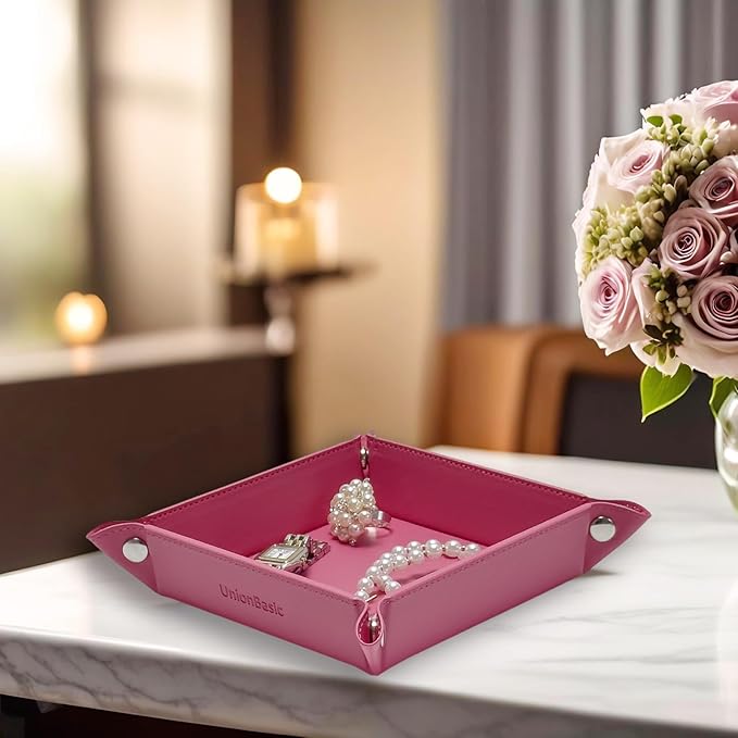 UnionBasic Small Valet Tray, Jewelry Tray for Rings Watches Earrings, Entryway Catchall Caddy for Coins Keys Change, Nightstand Bedside Valet Holder, Trays for Electronic Gadgets, Roseo