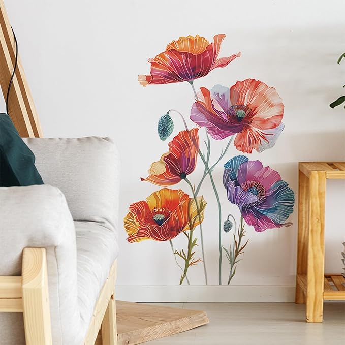 TUOKING Painted Flowers Wall Stickers Decor Removable Wall Murals Peel and Stick Wall Art Decal Home Decor for Kitchen,Bedroom,Living Room(fun-c42)