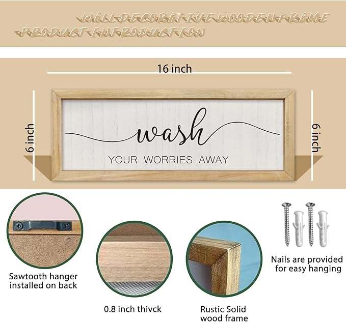 comurdyo Funny Laundry Room Plaque Wash Your Worries Away Bathroom Sign Wall Decor Inspirational Quote 16×6 Inch for above the Bathtub Restroom Small Wooden Framed Wall Hanging Art (Wood)