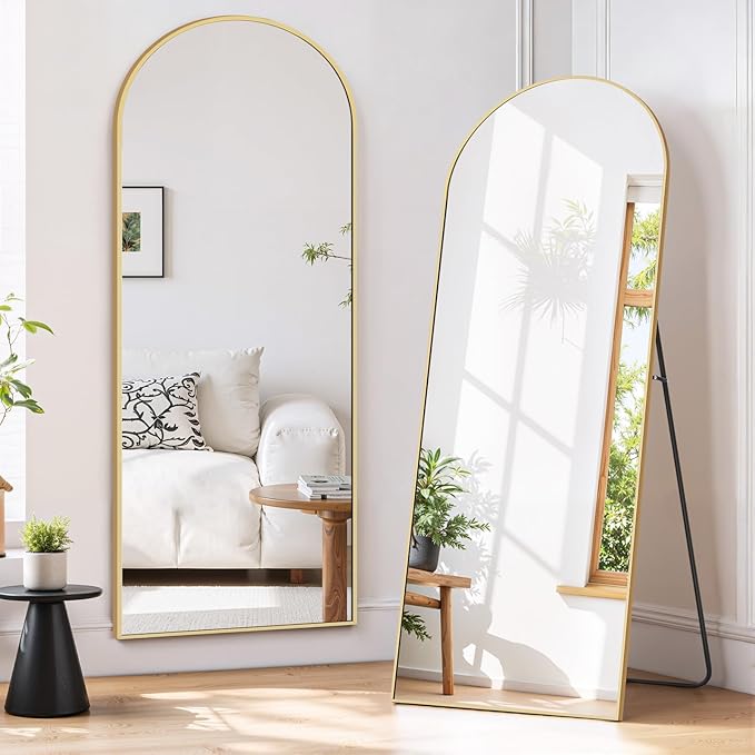 Full Length Mirror 58"x19" Full Body Mirror Arched Free Standing Wall Mounted Leaning Floor Mirrors with Stand Aluminum Alloy Frame for Bedroom Cloakroom, Gold