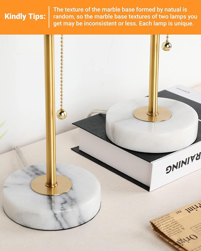 Bedside Table Lamp with Marble Base: Pull Chain Switch 3-Way Dimmable | Linen Fabric Shade & Golden Pole Small Nightstand Lamps 18.5 Inches for Bedrooms, Office, Dinning Room, Set of 2