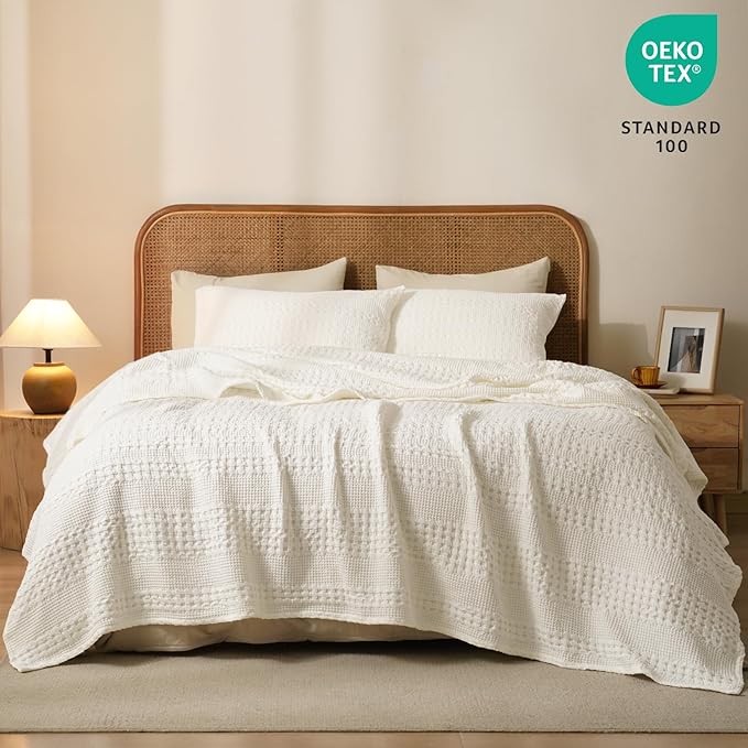PHF 100% Cotton Waffle Weave Blanket Twin Size for Bed, Soft Lightweight & Breathable for Spring and Summer, All-Season Comfort, Luxury Aesthetic Blanket for Home Decor, 66"x90", Ivory