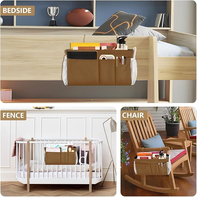 DOMIKING Brown Bedside Caddy for Dorm Bed Recliner Armrest Organizer with Hooks Haning Storage Bags for Rails Headboards Bunk Bed