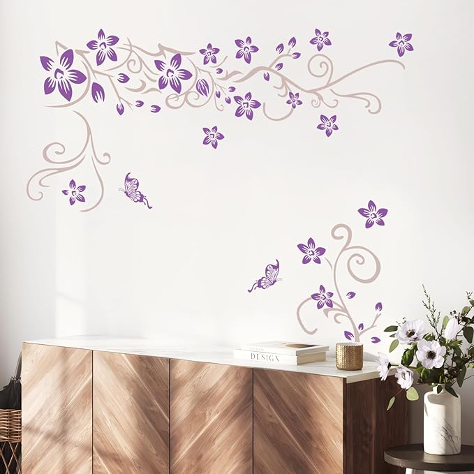 Supzone Flowers Vine Wall Decals - Purple Flowers Stickers With Butterflies, Removable Vinyl DIY Home Art for Bedroom, Living Room, Sofa Backdrop, TV Decoration