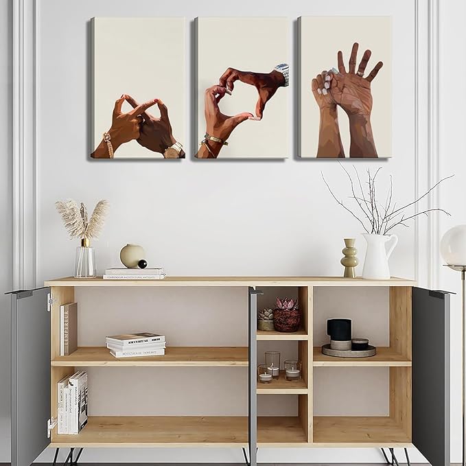 3Pcs Black Couple Canvas Wall Art Holding Hands Heart Love Wall Decor Afro Women Men Poster Prints for Living Room Bedroom Bathroom Decorations (16x24in Canvas)