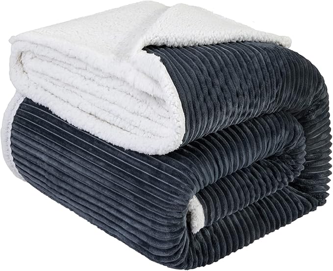 LBRO2M Striped Sherpa Fleece Bed Blanket King Size, Super Soft Fuzzy Plush Warm Cozy Fluffy Microfiber Couch Throw Velvet Double Reversible Luxurious Blankets (90x104), Dark Grey