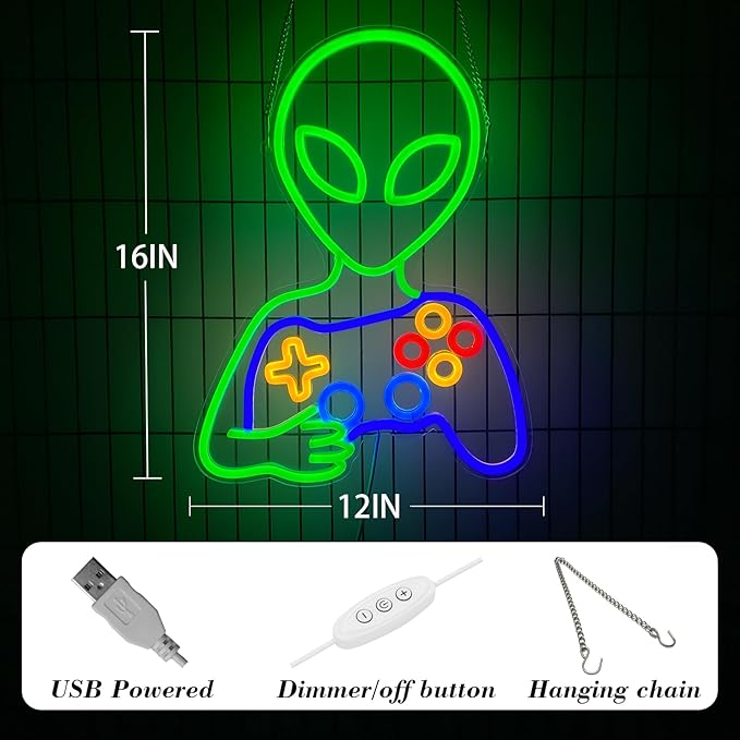 Alien Gamer Neon Sign, Dimmable Alien with Game Controller LED Lights for Game Room Wall Decor, Bedroom, Man Cave, Best Gamer Gifts for Teen Boys and Kids, 16 x 12 inch